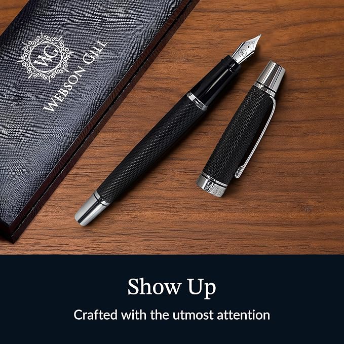 Webson Gill Show Up' Black Luxury Executive Fountain Pen, Woven Lacquer & Chrome - Image 2