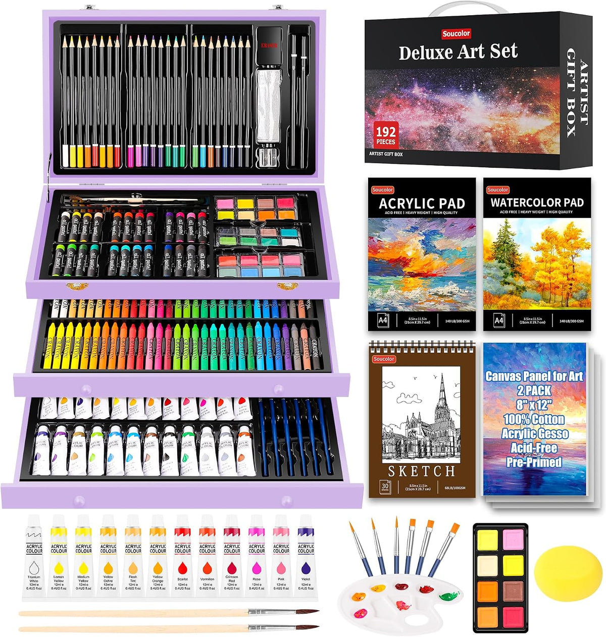 soucolor art supplies,192-pack deluxe art set drawing painting, main product view
