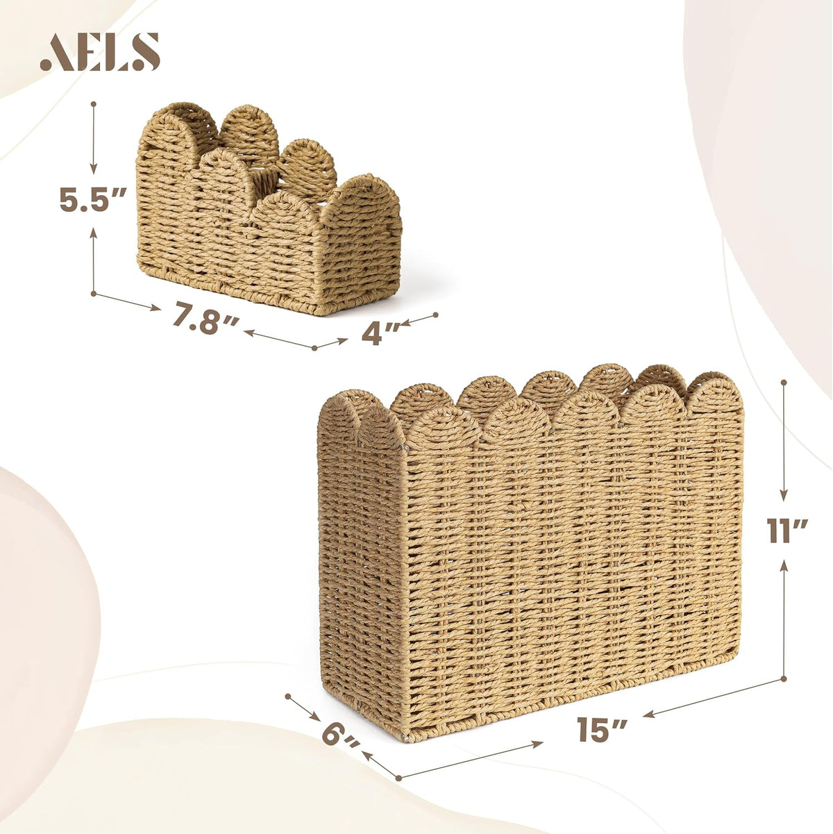AELS Hand Woven Scalloped Basket Set, Magazine Rack & Remote Control Holder