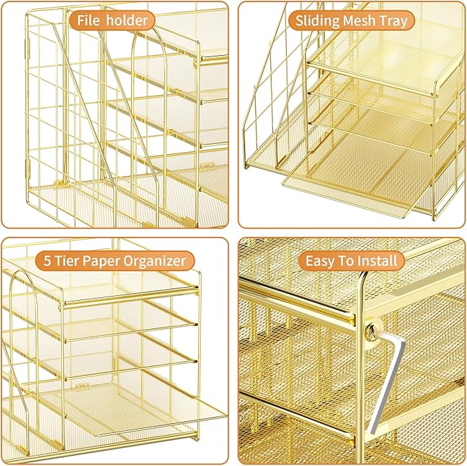 Marbrasse Desk Organizer with File Holder, 5-Tier Paper Letter Tray, Mesh Desk - Image 5