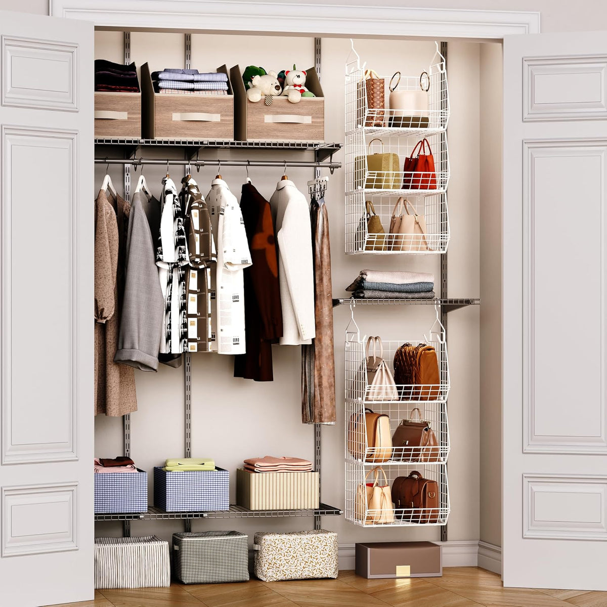 X-cosrack 3 Tier Foldable Closet Organizer, Clothes Shelves with 5 S Hooks, W...