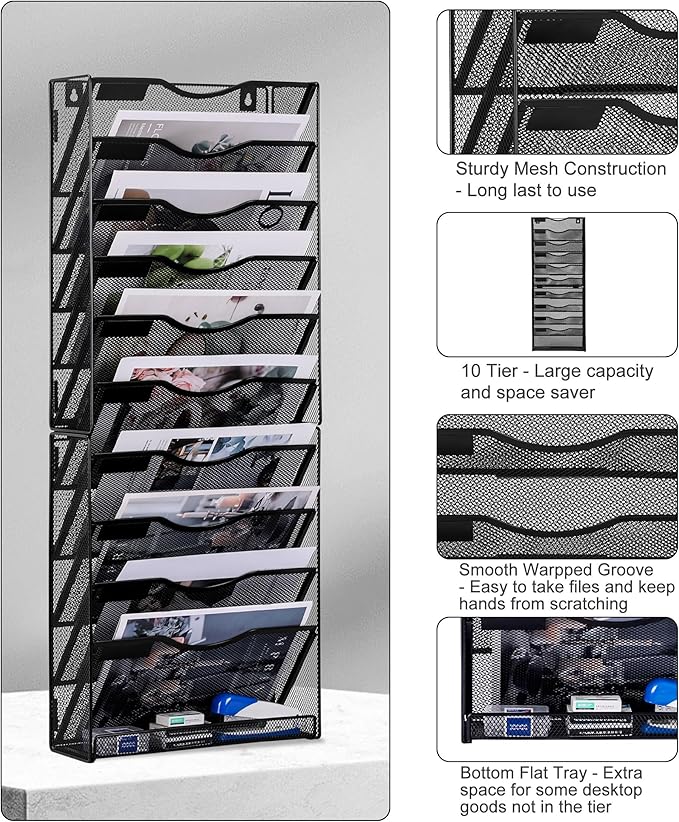 Solinxe 10-Tier Wall File Organizer, Mesh Mail Organizer Wall Mounted Paper - Image 5