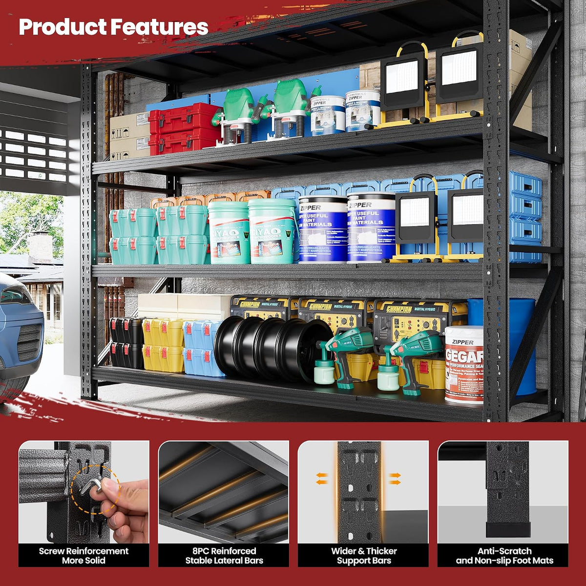 79" wide metal garage shelves, 7000lbs storage shelving, close-up detail