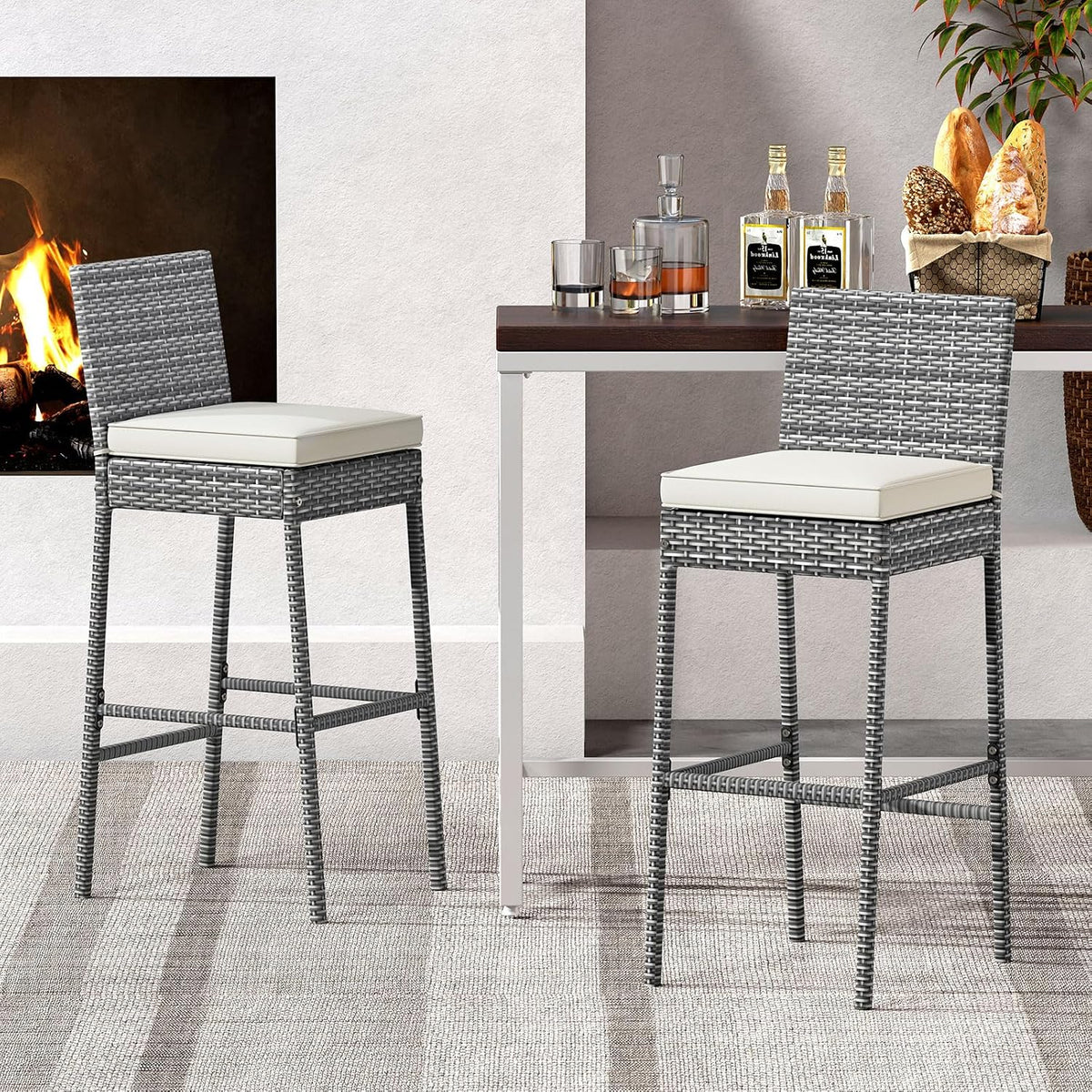 Tangkula Set of 2 Patio Wicker Barstools, Outdoor Bar Height Chair w/Soft Sea...