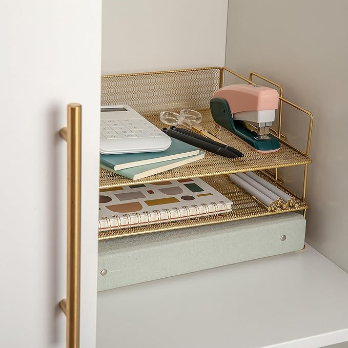 Martha Stewart Ryder 3 Tier Desk Letter Tray Organizer, Stackable Steel Mesh - Image 4