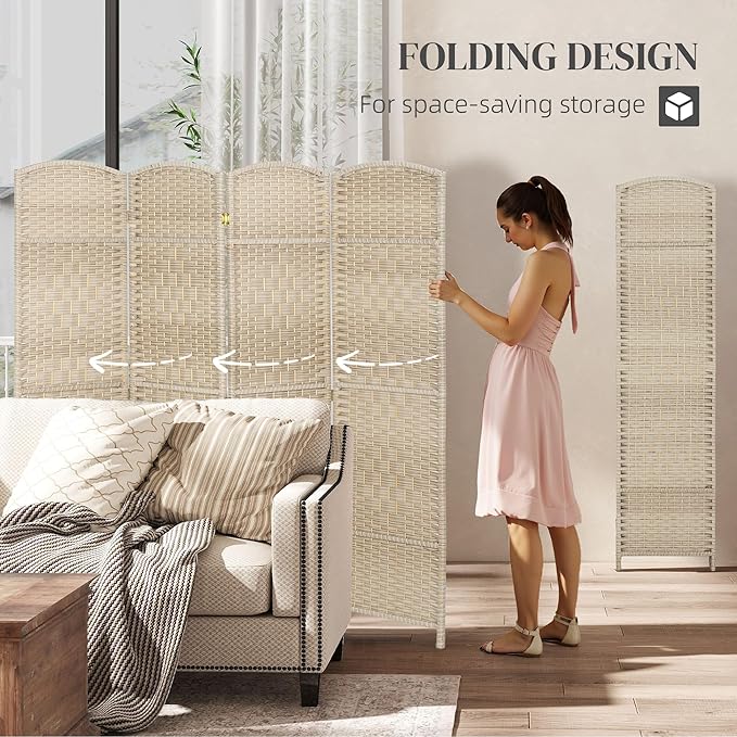 HOMCOM 4 Panel Room Divider, Hand-Woven Freestanding Wall Partition - Image 3