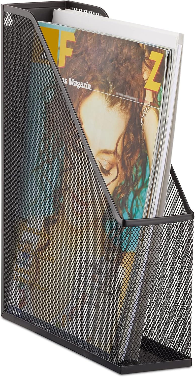 Relaxdays Stand Metal Mesh Upright Lever Arch File A4 to C4, Archive Box, Eyelets For Wall Mounting, Document Holder, Metal, Black, 31.5 x 7.2 x 25 cm