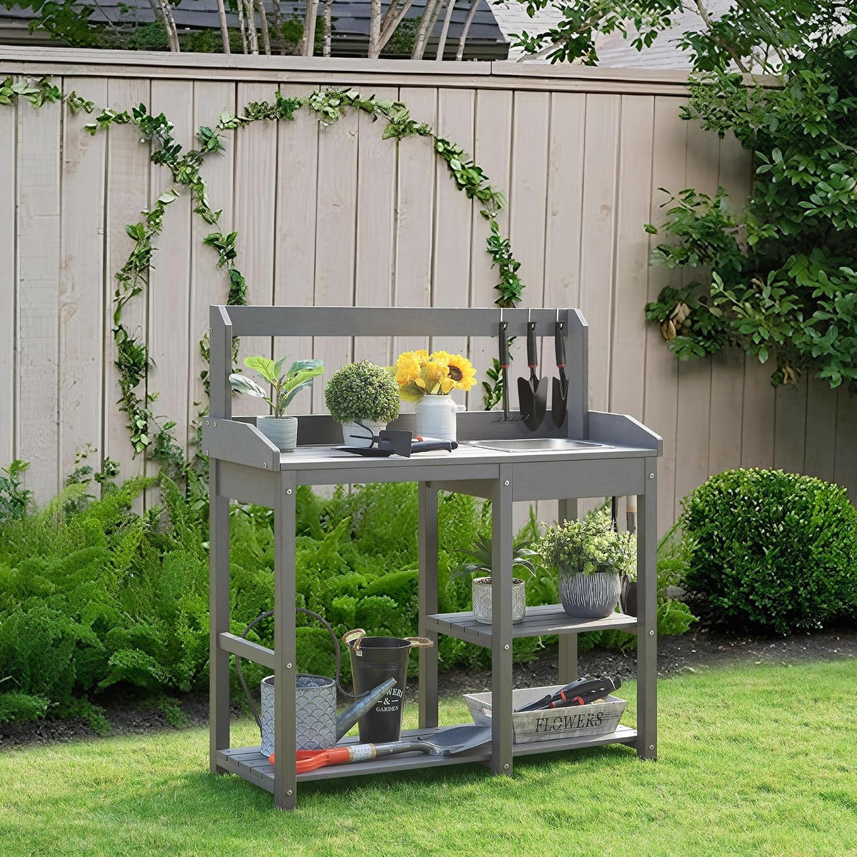 Psilvam Outdoor Potting Bench Table with Sink for Outside Garden, Gray