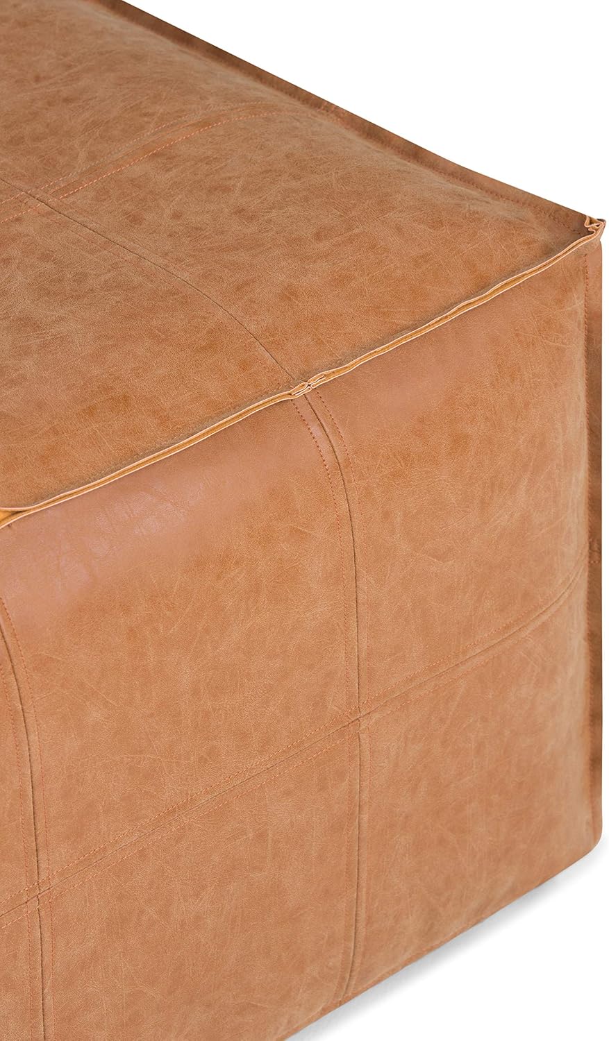 SIMPLIHOME Brody 30" Wide Pouf in Distressed Camel Brown Faux Leather