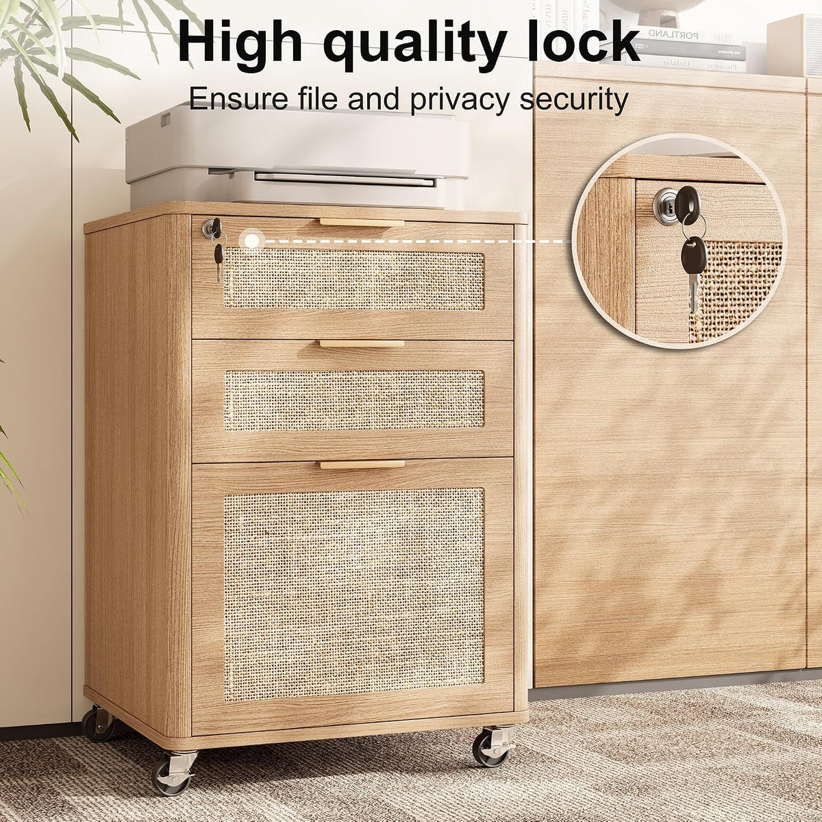INNOD 3 Drawers Rattan Mobile File Cabinet with Lock, Rolling File Cabinet Pr...