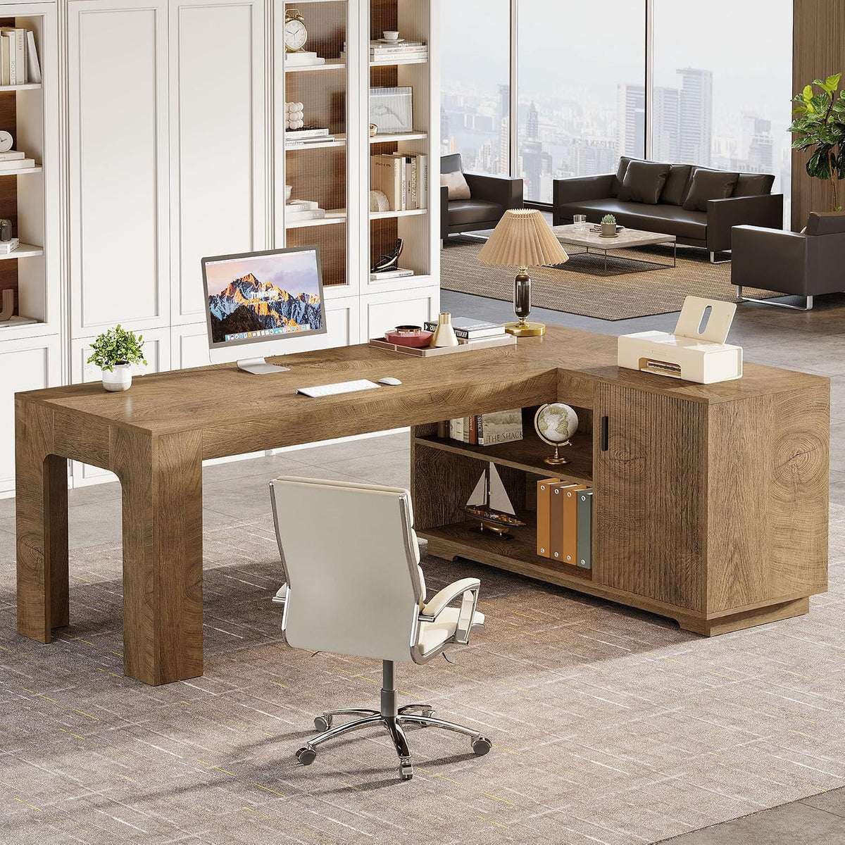 Tribesigns L-Shaped Desk with Storage Cabinet, 59-Inch Farmhouse Corner Compu...