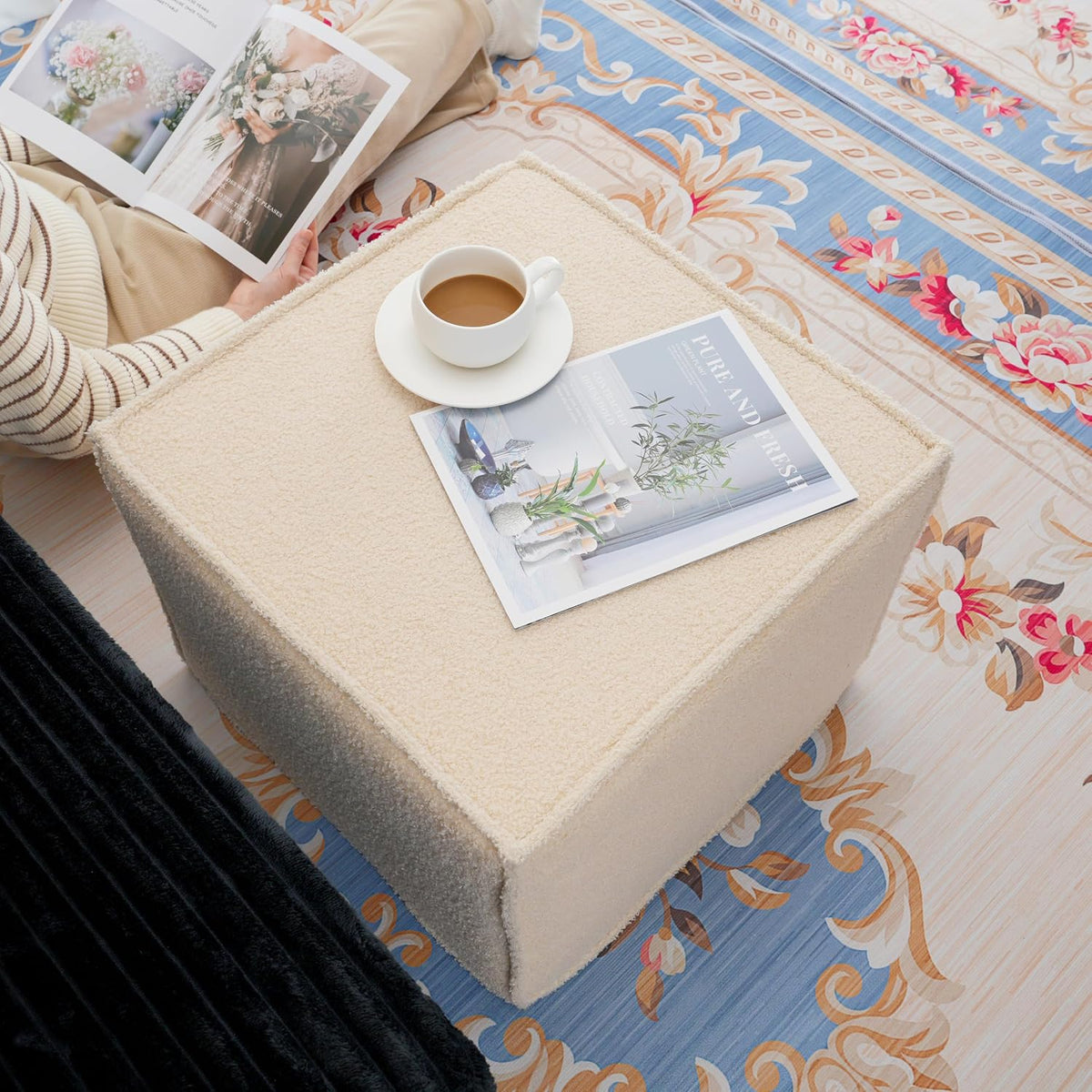 Square Ottoman Foot Rest,Small Pouf for Couch - Boucle Upholstered Foot Stool...