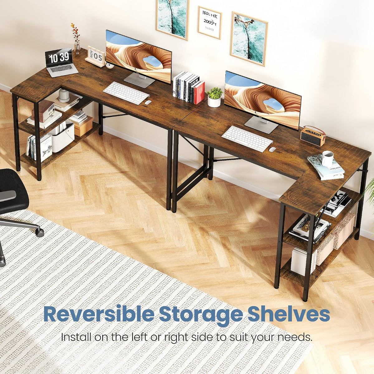 DUMOS 39" L Shaped Computer Desk, Corner Desks with Storage Shelves, Brown