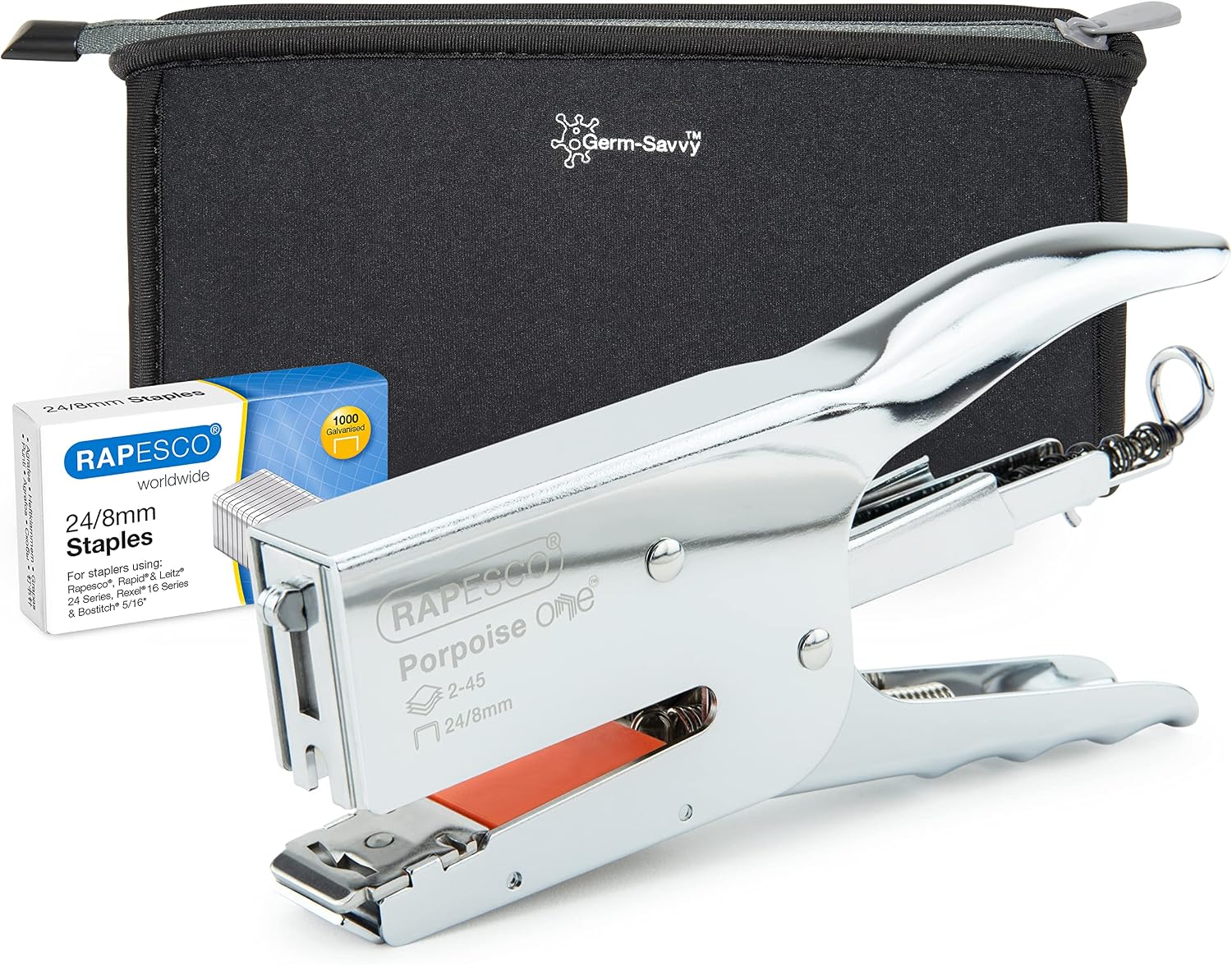 Rapesco 1626 Porpoise ONE Bypass Stapling Plier, 45 Sheet Capacity, Chrome | Bypass Stapling System, All-Metal Construction, Includes 1000 High Capacity 5/16" Staples, Storage Bag, 2-45 Sheet Range