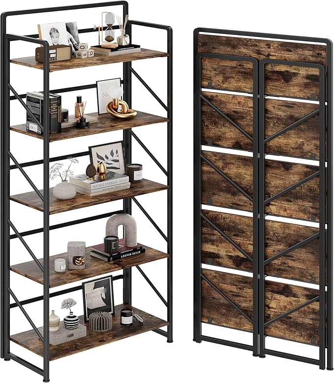 JSB Folding Bookshelf, Industrial Storage Shelves, No Assembly Vintage Wood by HomeFurniture