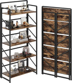 JSB Folding Bookshelf, Industrial Storage Shelves, No Assembly Vintage Wood by HomeFurniture