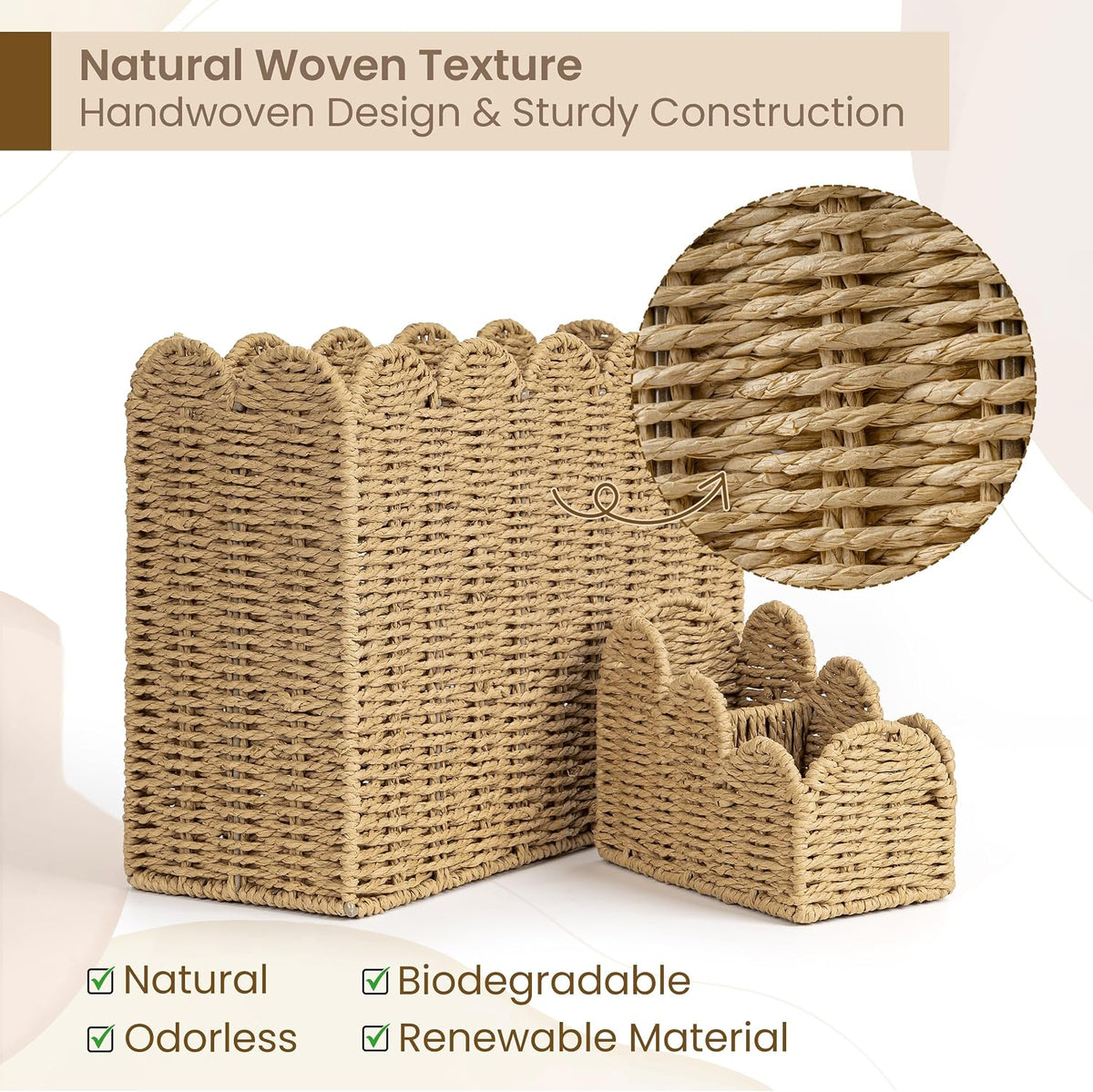 AELS Hand Woven Scalloped Basket Set, Magazine Rack & Remote Control Holder