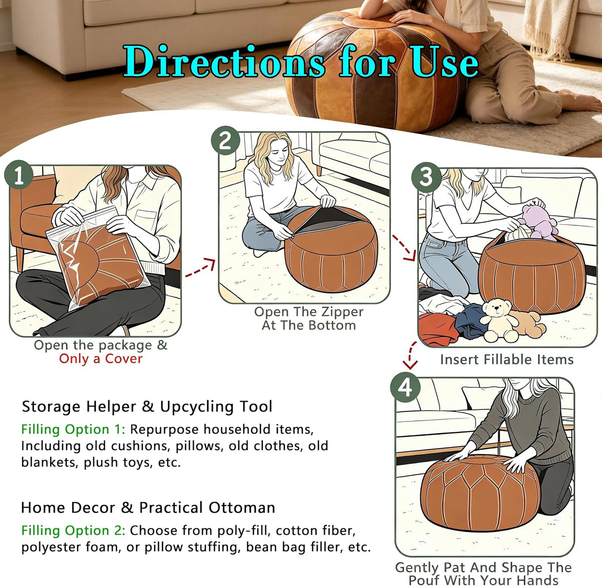 Thgonwid Unstuffed Moroccan Faux Leather Pouf Ottoman Cover with Storage - Bo...