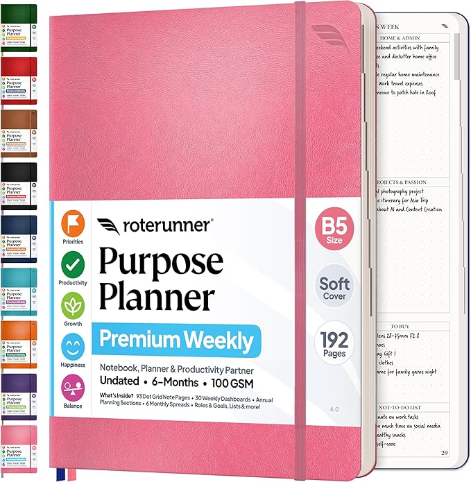 Roterunner Purpose Planner Notebook B5 7.5”x9.8” Undated 2026 Daily Weekly and by Roterunner