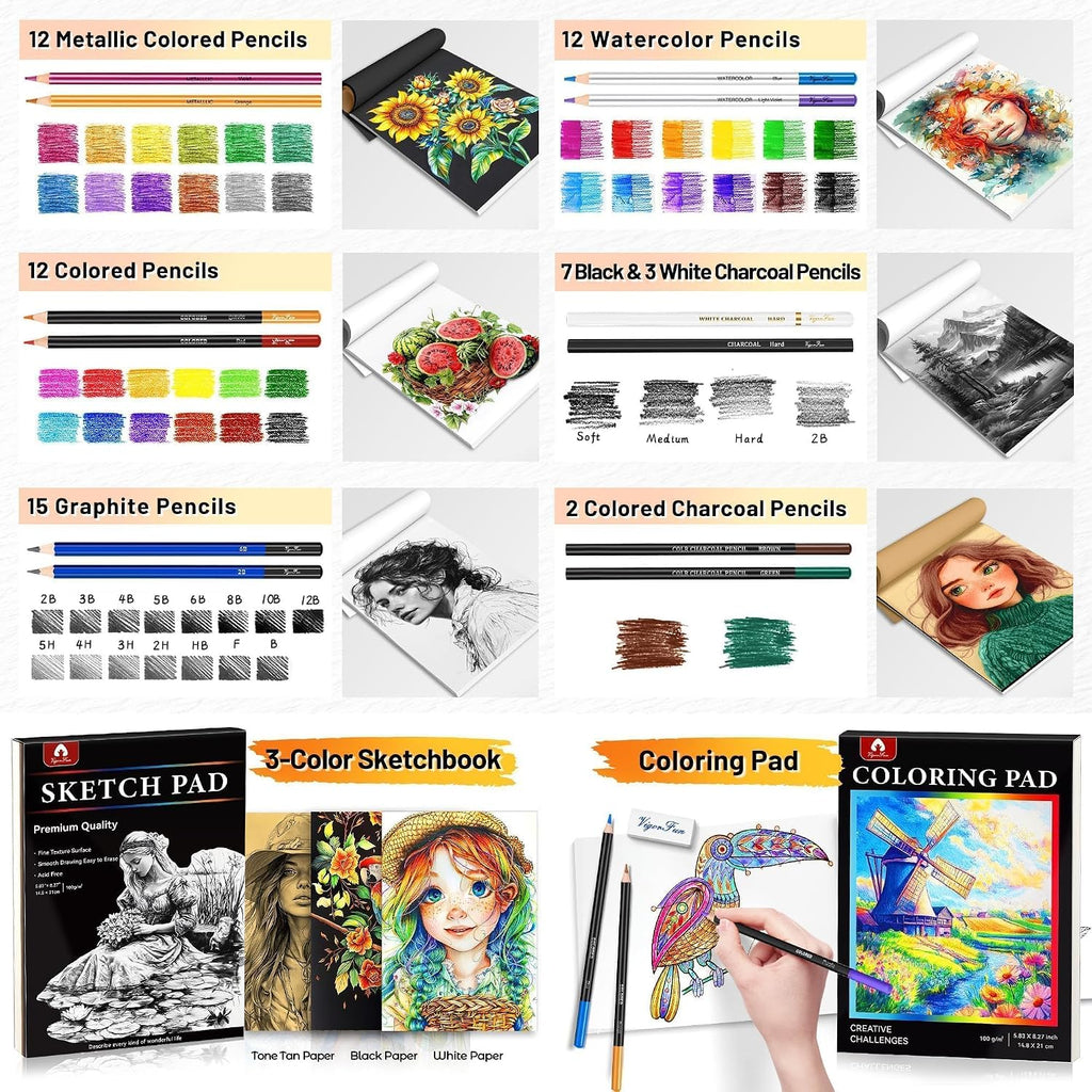 art supplies sketching kit, pro drawing pencils art showing dimensions