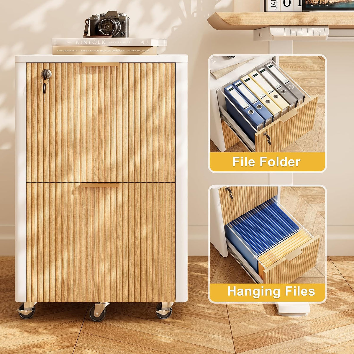 2 drawers fluted mobile file cabinet with lock on a desk or shelf