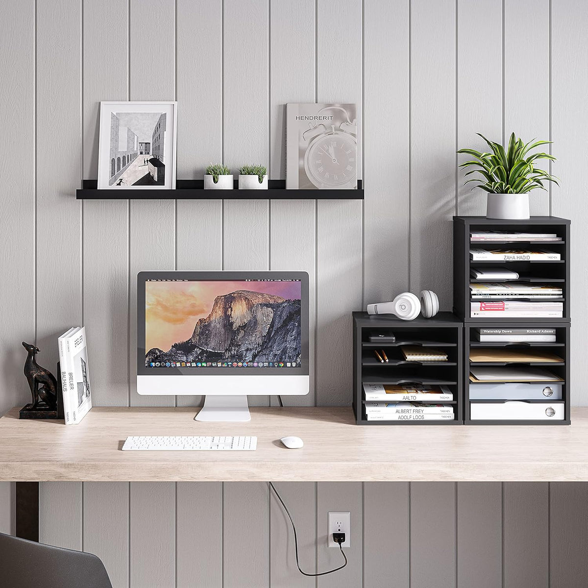 ballucci 5-tier file organizer for desk, wooden mail shown in use