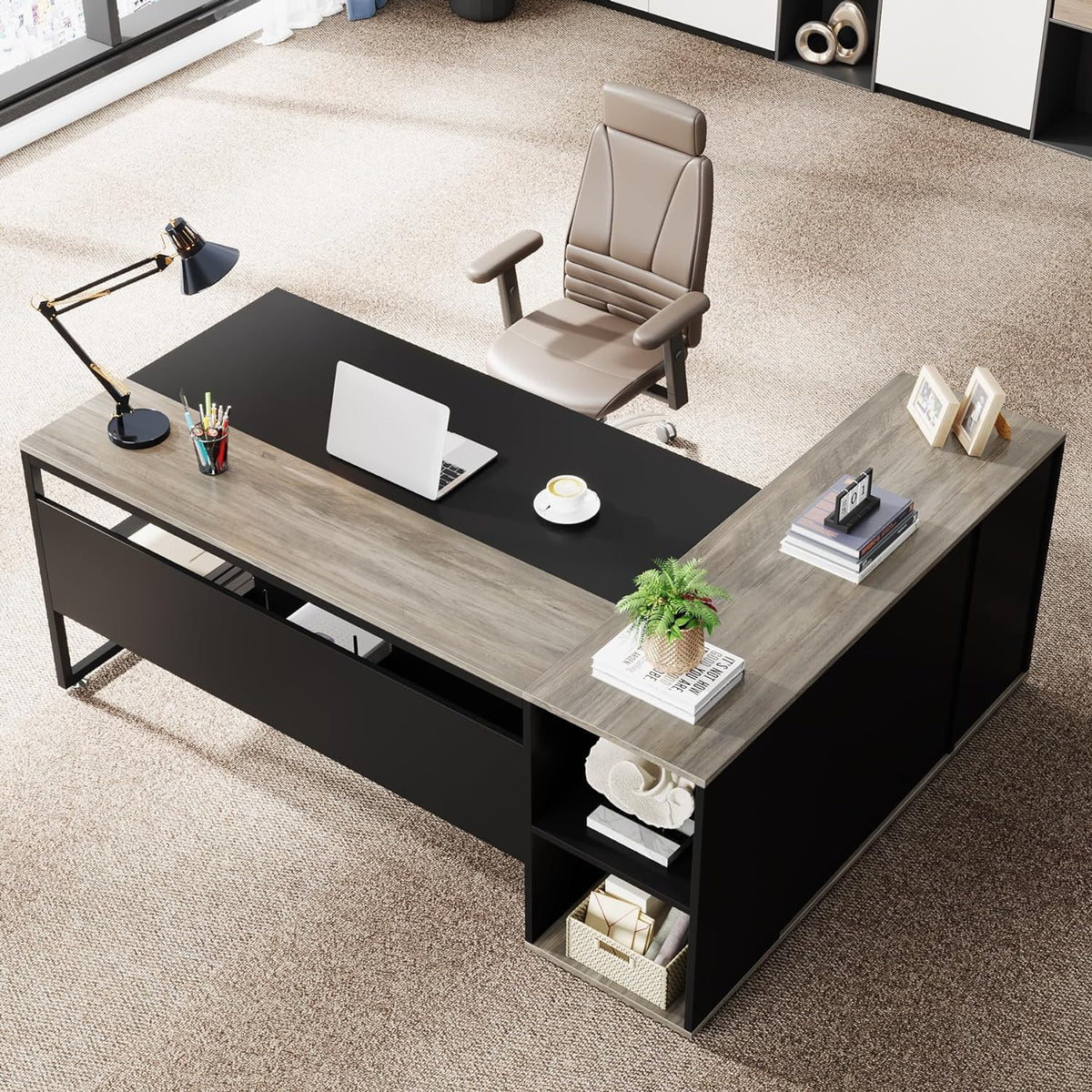 Tribesigns 71 inch Executive Desk, L Shaped Desk with Cabinet Storage