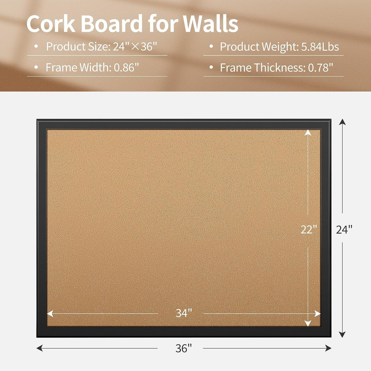 ORIENTOOLS 24x36 Cork Board with Wooden Frame, Hanging Pins for Office Home