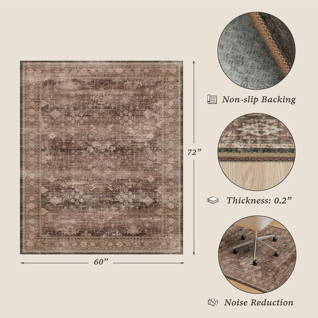 Office Chair Mat for Hardwood Floors, 60" x 72" Brown Boho Under Desk Rug, Ultra Soft Low Pile Floor Protector for Rolling Computer Chairs, Non Slip Easy Clean Desk Mat for Home Office