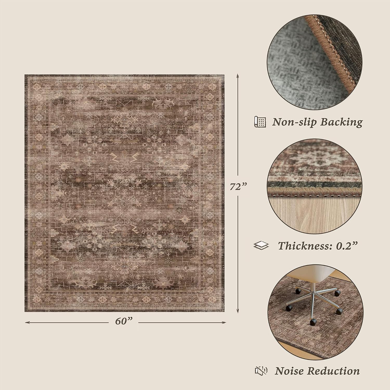 Office Chair Mat for Hardwood Floors, 60" x 72" Brown Boho Under Desk Rug, Ultra Soft Low Pile Floor Protector for Rolling Computer Chairs, Non Slip Easy Clean Desk Mat for Home Office