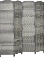 HOMCOM 4 Panel Room Divider, Hand-Woven Freestanding Wood Partition by HOMCOM