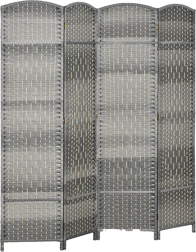 HOMCOM 4 Panel Room Divider, Hand-Woven Freestanding Wood Partition by HOMCOM