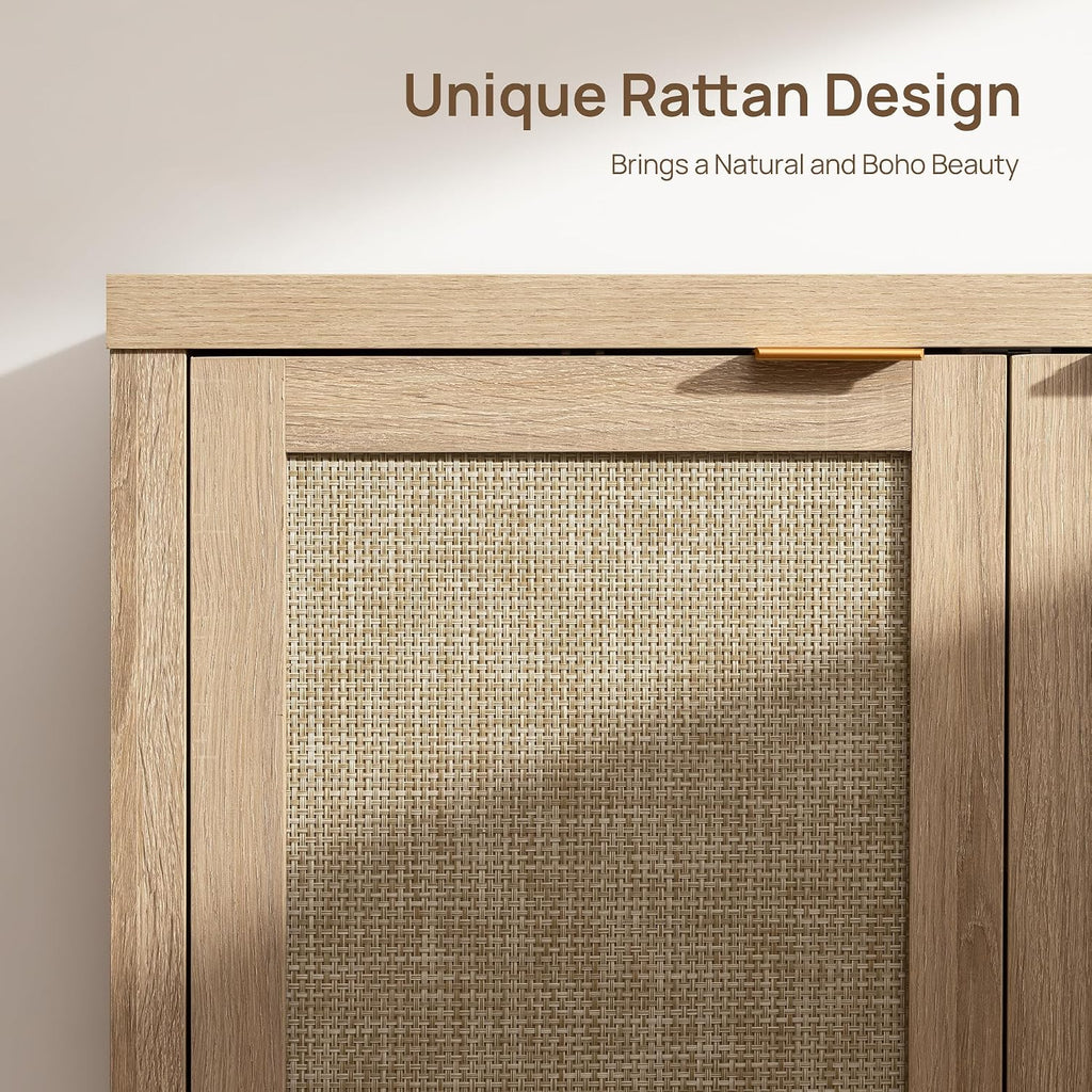 SICOTAS Sideboard Buffet Cabinet with Large Storage : Rattan Boho Credenza | Farmhouse Coffee Bar Storage Cabinet with Adjustable Shelves, Rattan Doors, Buffet Table for Kitchen Living Room Hallway