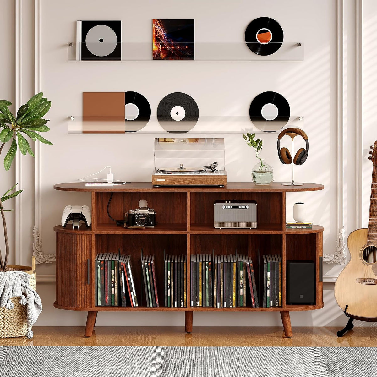 Garvee 55'' Fluted Mid Century Modern Turntable Cabinet with Vinyl St...