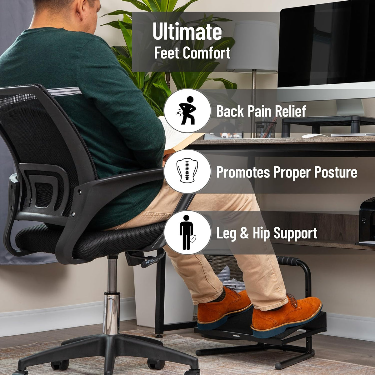 Mind Reader Foot Rest, Under Desk at Work, Ergonomic, Height Adjustable, Offi...