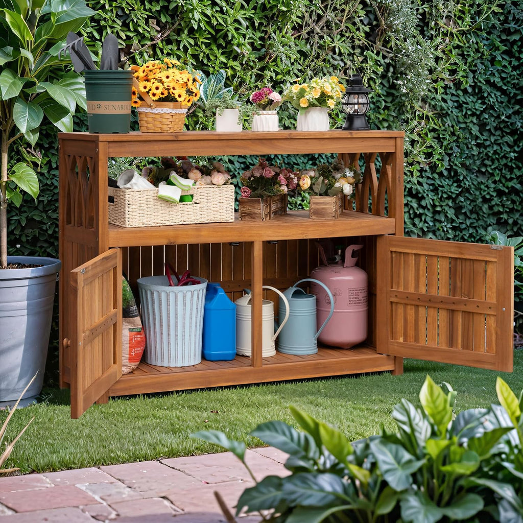 greesum 2‑tier acacia wood outdoor storage cabinet with, side view