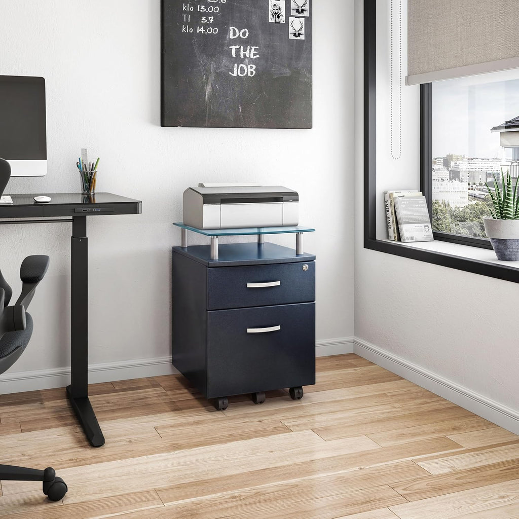 2‑Drawer Rolling File Cabinet with Lock, Glass Top,Fits Under‑Desk,Graphite | Rolling 2‑drawer file cabinet with lock, glass top, storage shelf, smooth wheels, under‑desk design work as a printer stand