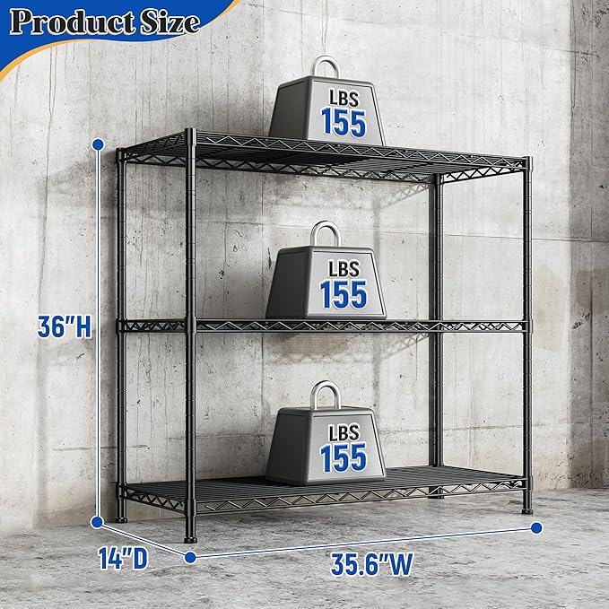 3- Shelf Metal Shelving Unit 35.6Wx14Dx36H, Adjustable Storage Shelves Heavy - Image 3