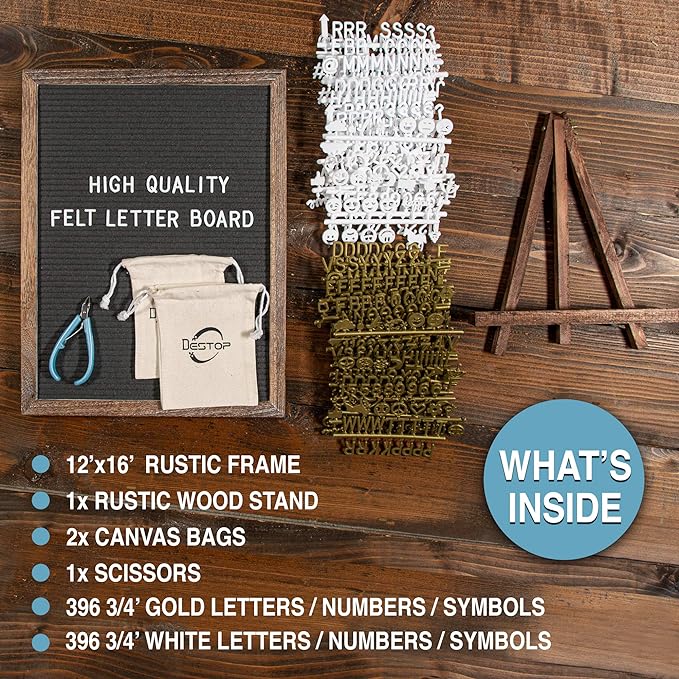 Felt Letter Board with Rustic Vintage Frame and Stand 12x16 inch, Numbers and - Image 2