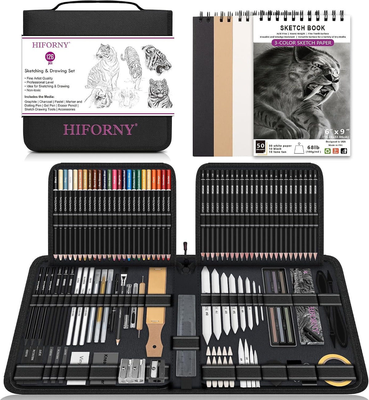 hiforny 126 pcs drawing kit sketching pencil set,sketch, main product view