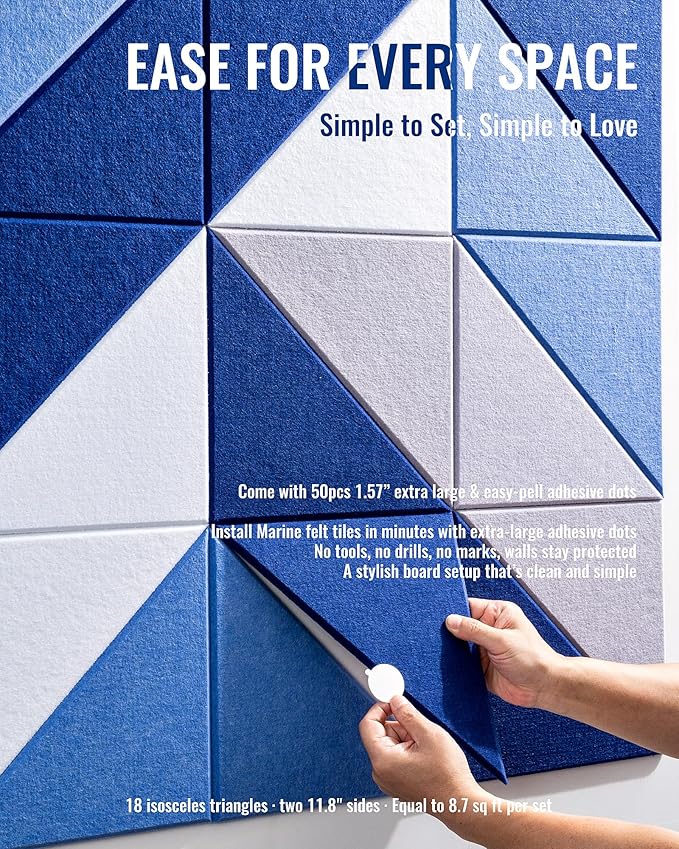 PebblingQ Felt Wall Tiles Bulletin Board, Marine Blue White Panels, Modular - Image 5
