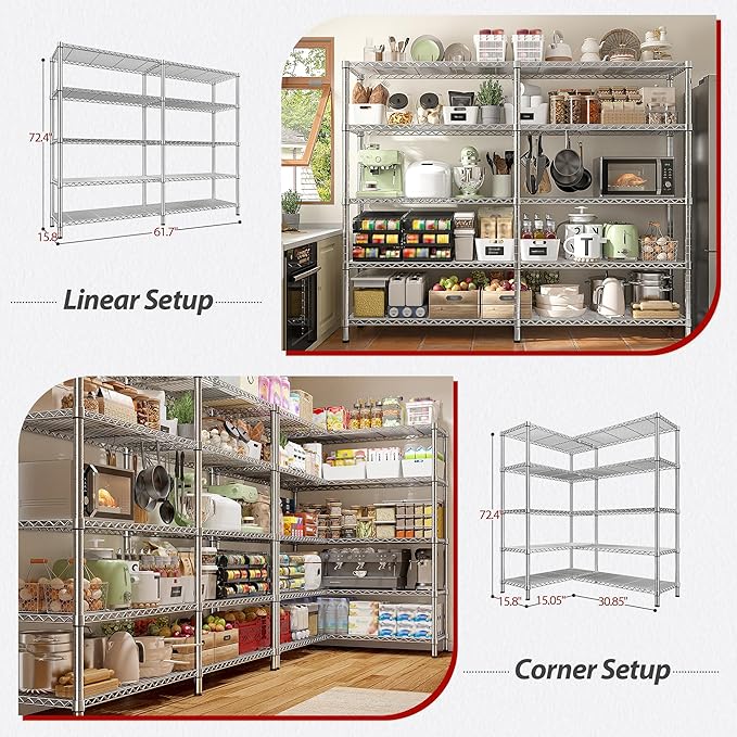 REIBII 1500LBS Storage Shelves 61.7''W Wire Shelving Unit 5 Tier Metal Shelving - Image 6