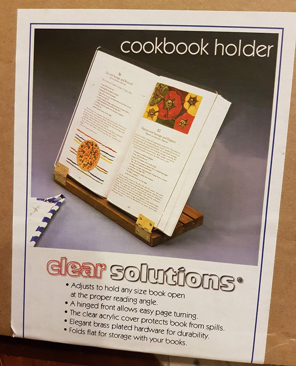 Original Hinged Cookbook Holder - Acrylic Shield With Wood Base and Brass Pla...