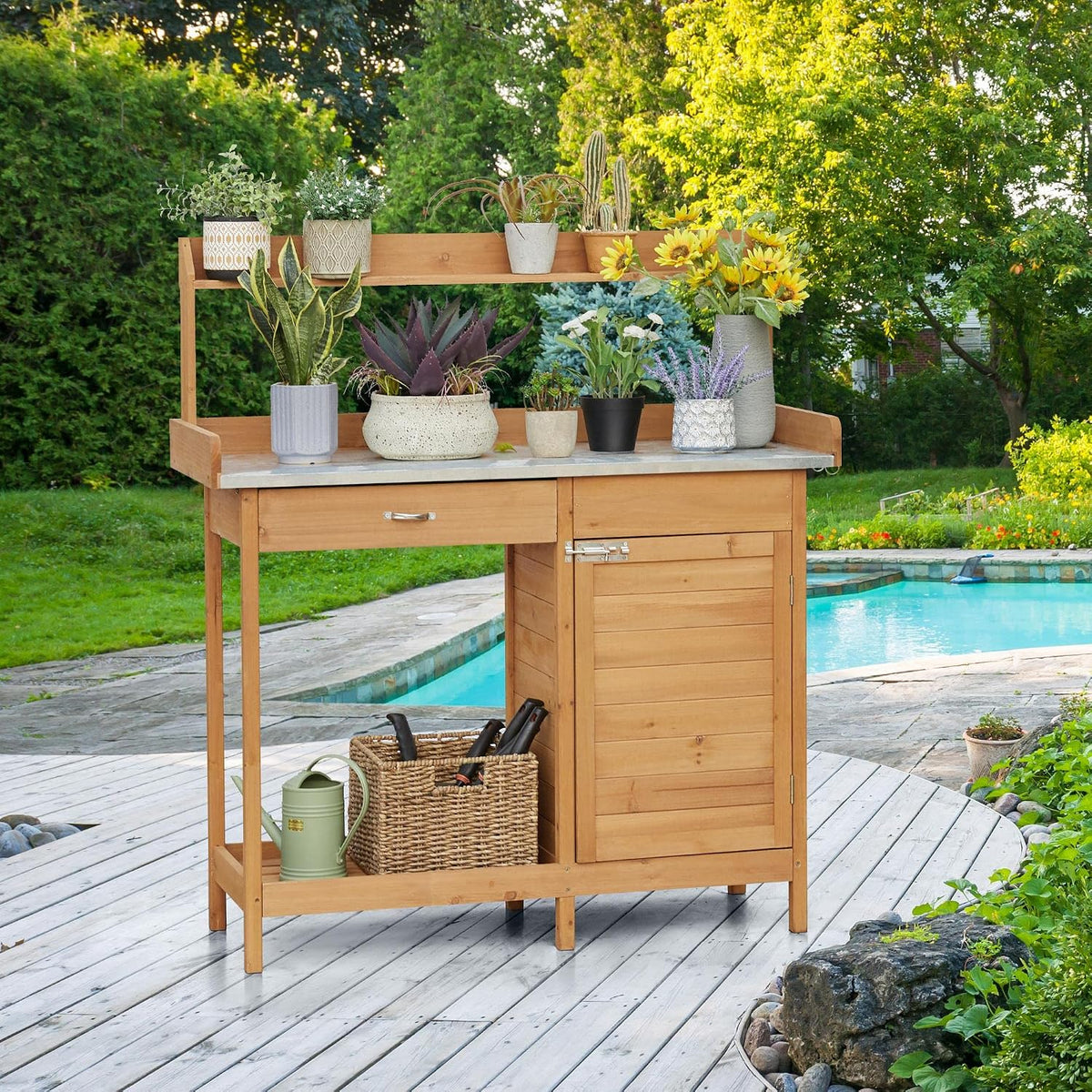 Yaheetech Potting Bench Outdoor Potting Table with Storage,Natural Wood