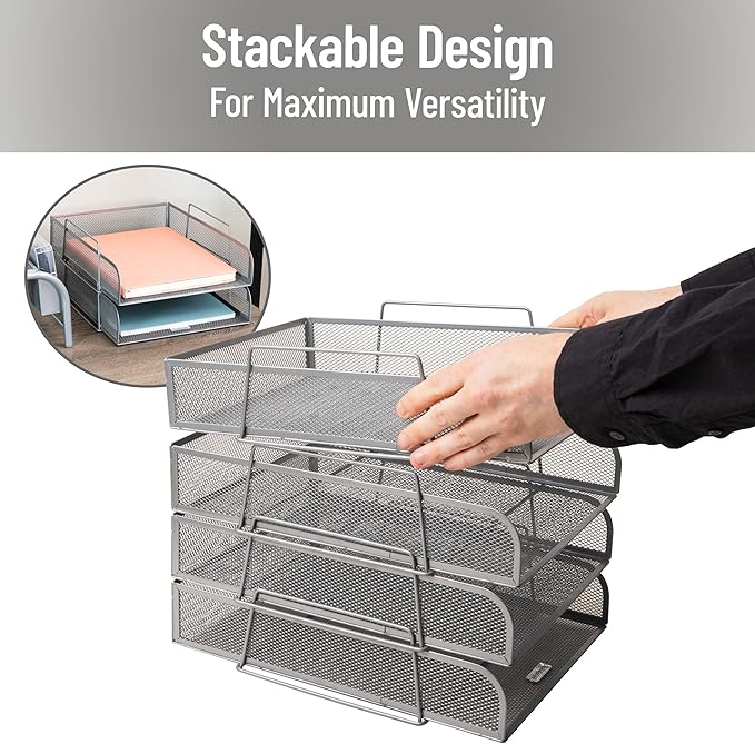 Mind Reader Stackable Paper Tray, Desktop Organizer, File Storage, Metal Mesh - Image 4