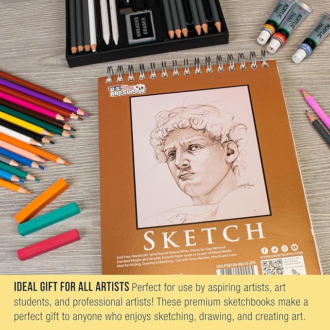 U.S. Art Supply 8"x10" Top Spiral Bound Sketch Book, 2 Pack, 100 Sheets Each - Image 6