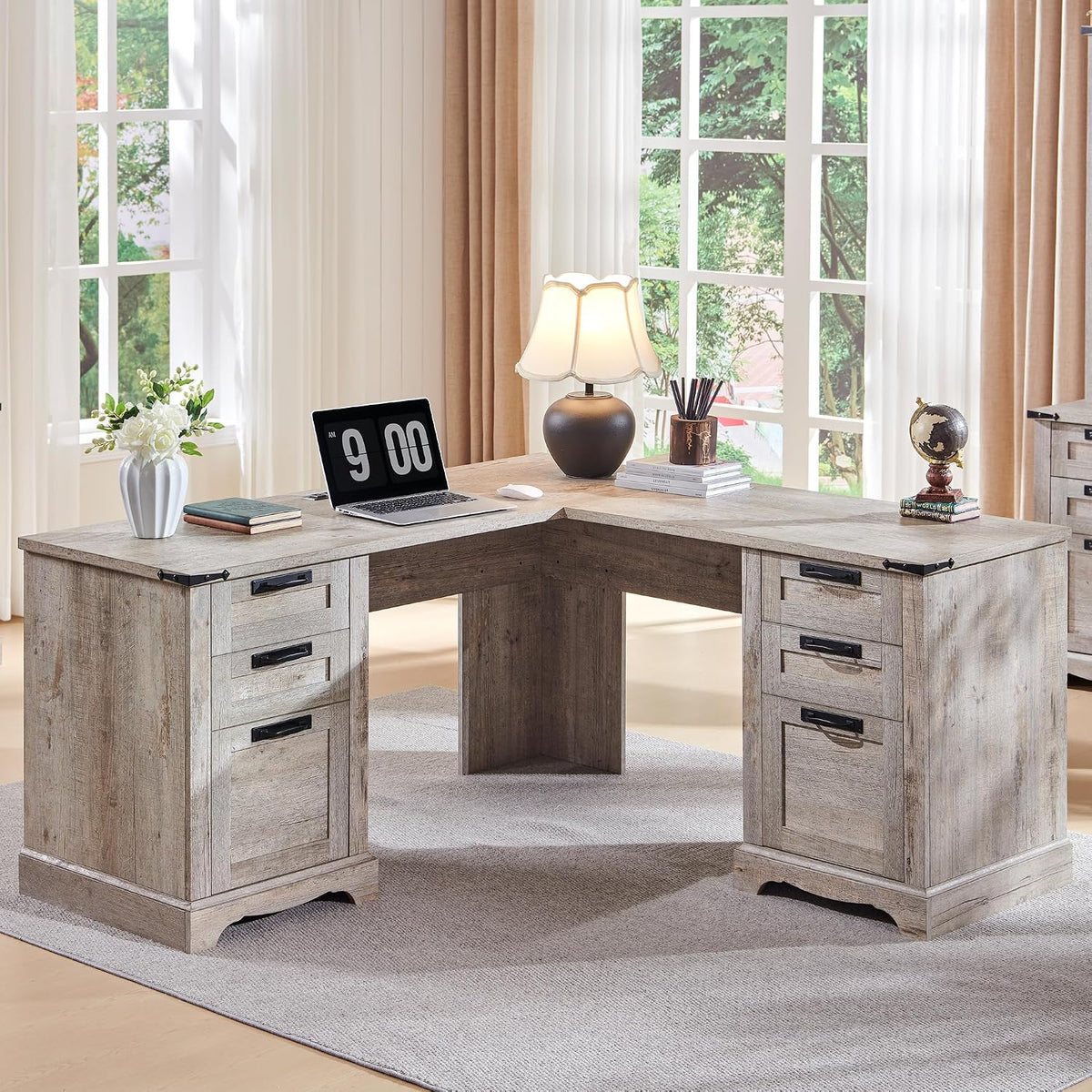 RedLemon 60" Farmhouse L Shaped Executive Desk, Light Rustic Oak