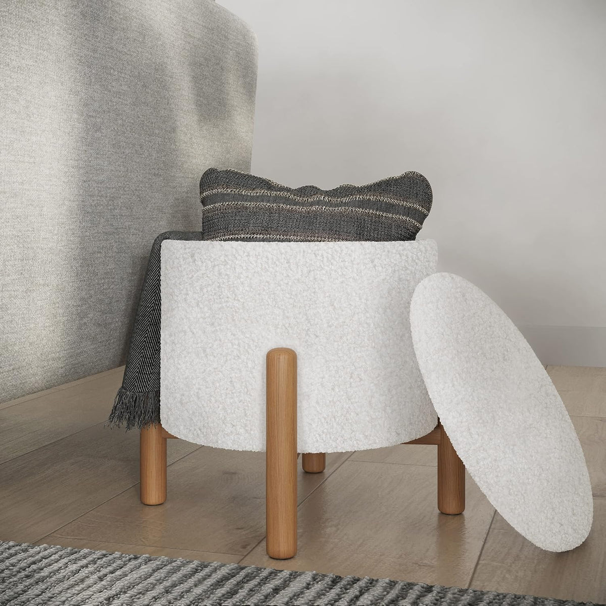 Round Sherpa Storage Ottoman Pouf with Removable Lid – Plush Couch Footrest &...