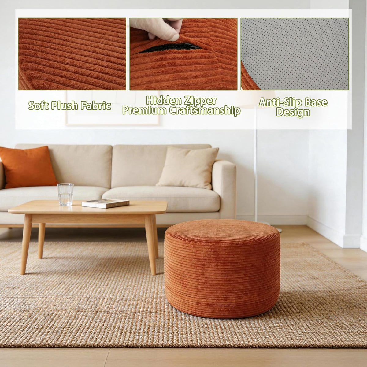 Thgonwid Round Ottoman Pouf, Corduroy Foot Rest Stool, 20x14In,Burnt Orange