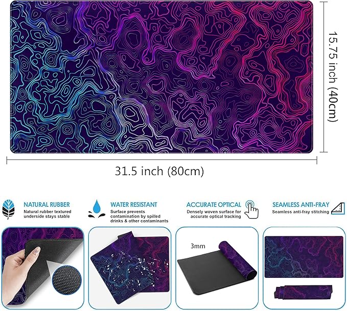 Blue Purple Desk Pad Topographic Map Desk Mat XXL Large Extended Gaming Mouse - Image 3